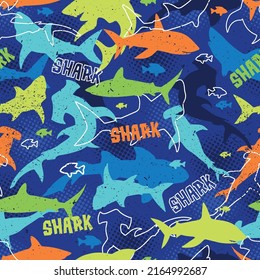 Seamless vector pattern with colorful sharks, print for boys on textiles or different surfaces