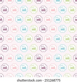 Seamless vector pattern with colorful silhouettes baby train in circles. For cards, invitations, wedding or baby shower albums, backgrounds, arts and scrapbooks. 