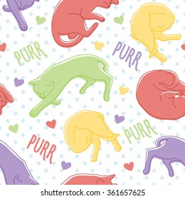 Seamless vector pattern with colorful silhouettes of sleeping cats