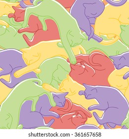 Seamless vector pattern with colorful silhouettes of sleeping cats