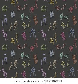 Seamless vector pattern with colorful sitting, stretching, liying, walking, standing cats on black background. Flat style concept of wrap, package, wallpaper, textile, print, web. Doodle design.