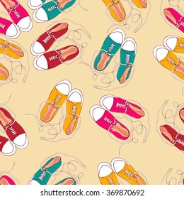 Seamless vector pattern with colorful sneakers with white laces