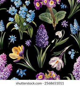 Seamless vector pattern with colorful spring flowers isolated on a changeable background. Vintage painting style illustration.