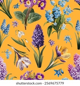 Seamless vector pattern with colorful spring flowers isolated on a changeable background. Vintage painting style illustration.