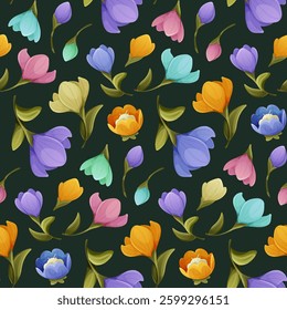 Seamless vector pattern with colorful spring flowers, including tulips and crocuses, on a dark background. A vibrant floral design perfect for fabric, wallpaper, and decorative prints