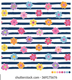 Seamless vector pattern with colorful spring flowers on navy blue and white stripes background