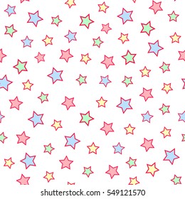 Seamless vector pattern with colorful stars of various sizes isolated on white background. Cute background for wallpaper, wrapping paper, textiles, bed linen, etc.