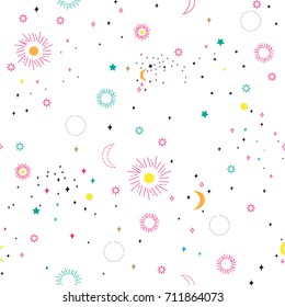 Seamless vector pattern with colorful stars on white . Background for dress, manufacturing, wallpapers, prints, gift wrap and scrapbook.