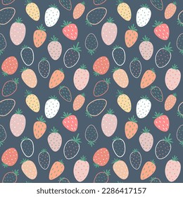 Seamless vector pattern with colorful strawberries on a blue background in a flat style. Ideal for print, wrapping paper, wallpaper, fabric, design.