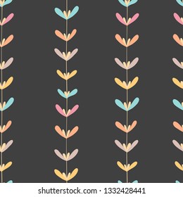 Seamless vector pattern with colorful stripes with leaves of liana in a simple hand-drawn style on a dark gray background