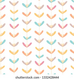 Seamless vector pattern with colorful stripes with leaves of liana in a simple hand-drawn style on a  white background