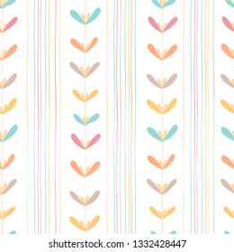 Seamless vector pattern with colorful stripes with leaves of liana in a simple hand-drawn style on a  white background