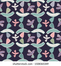 Seamless vector pattern with colorful stylized birds. The design is perfect for wallpaper, backgrounds, wrapping paper, sheets, clothes, stationery and decorations.