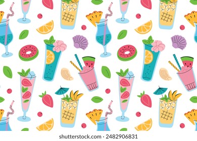 Seamless vector pattern with colorful summer drinks, trendy cocktails, lemonades, and mocktails, decorated with fruits and berries, watermelon, strawberry, and mango icons. Wallpapers, wrapping papers