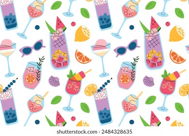 Seamless vector pattern with colorful summer drinks, trendy cocktails, lemonades, and mocktails, decorated with fruits and berries, watermelon, blueberry, and citrus icons. Wallpapers, wrapping papers