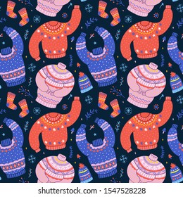 Seamless vector pattern with colorful sweaters decorated with christmas ornaments various ugly sweater. Cute hand drawn cartoon style. Good as graphic print or wrapping paper. Vector winter background
