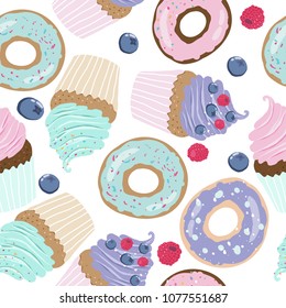 Seamless vector pattern with colorful sweets, donuts and cupcakes
