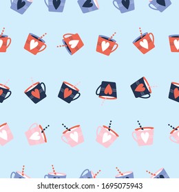 Seamless Vector Pattern with colorful tea cups and hearts, blue background for decoration, print, stationery, fabric, textile