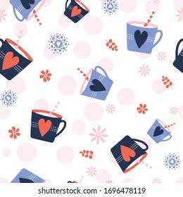 Seamless Vector Pattern with colorful tea cups and hearts, pink circles background for decoration, stationery, paper, magazine, print, textile, fabric
