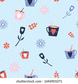 Seamless Vector Pattern with colorful tea and coffee cups and hearts, for decoration, print, stationery, fabric, textile
