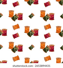 Padrão de vetor contínuo de carretéis de linha coloridos na paleta sazonal quente. Laranja, Borgonha, e tons de azeitona no fundo branco