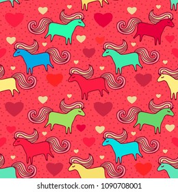 Seamless vector pattern with colorful toy horses and golden hearts on red background