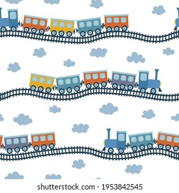 Seamless vector pattern with colorful train. Illustration for children in hand drawn style. Vector flat illustration.