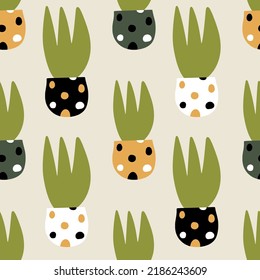 Seamless vector pattern with colorful trendy home plants. Сoncept for fabric and paper, surface textures.
