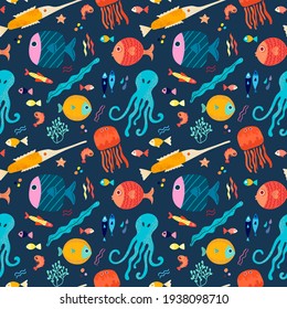 Seamless vector pattern with colorful tropical sea fish and octopus in a Scandinavian style on a blue background. Children's vector illustration for pajamas, fabrics, postcards, packaging.