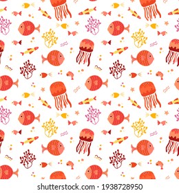 Seamless vector pattern with colorful tropical sea fish and octopus in a Scandinavian style on a white background. Children's vector illustration for pajamas, fabrics, postcards, packaging.
