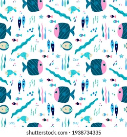 Seamless vector pattern with colorful tropical sea fish and octopus in a Scandinavian style on a white background. Children's vector illustration for pajamas, fabrics, postcards, packaging.