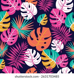Seamless Vector Pattern with Colorful Tropical Leaves on Dark Background – Vibrant Exotic Jungle Design for Summer Decor, Kids Products, Fashion Textiles and Holiday Branding