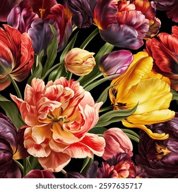 Seamless vector pattern with colorful tulip flowers isolated on a changeable background. Vintage painting style illustration.