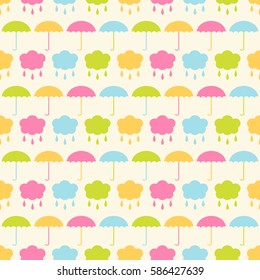 Seamless vector pattern with colorful umbrellas, clouds and props. For cards, invitations, wedding or baby shower albums, backgrounds, arts and scrapbooks.