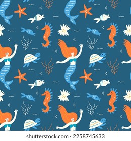 Seamless vector pattern of colorful underwater world with cute mermaids and fish. Modern design for fabric and paper, surface textures.