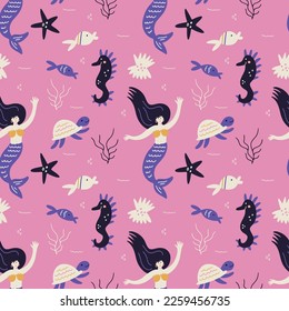 Seamless vector pattern of colorful underwater world with cute mermaids and fish on pink background. Modern design for fabric and paper, surface textures.