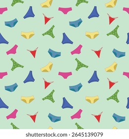 Seamless vector pattern with colorful women’s underwear – cartoon hand-drawn style on pastel background
