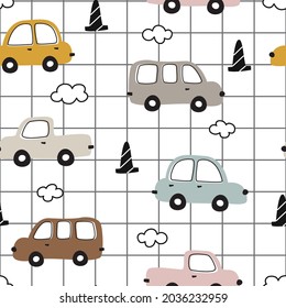 seamless vector pattern colorful vintage car background and square grid hand drawn design in cartoon style use for prints, textiles, fabrics, wallpapers, vector illustrations