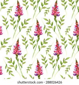 Seamless vector pattern with colorful watercolor floral elements. Hand drawn ornament with herbs.  Perfect for greetings, invitations, manufacture wrapping paper, textile, web design.