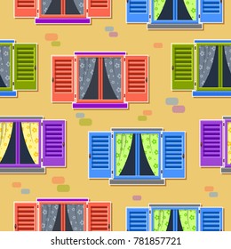 Seamless vector pattern with colorful windows with blue, red, violet, yellow and green shutters and curtains on a brick wall. Bright cartoon house elements. Cute summer illustration. European street.
