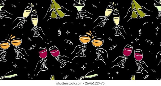 Seamless vector pattern with colorful wine glasses, champagne bottles, cocktails, and hands toasting, drawn in minimalist line art, ideal for party decor, packaging, festive designs.Clinking Glasses 