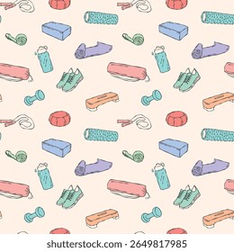 Padrão de vetor sem emenda com ioga colorido e acessórios de bem-estar. Inclui esteira, halteres, sapatos, rolo, bloco, correia e garrafa de água. Desenhado à mão e design limpo sobre fundo pastel