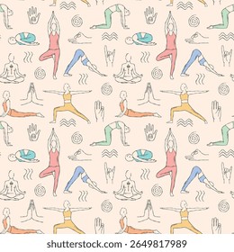 Seamless vector pattern with colorful yoga poses and symbolic hand gestures. Features female figures and mudras in a soft, modern style. Designed for wellness, mindfulness, and spiritual balance theme