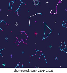 Seamless vector pattern with colorful zodiacal constellations on blue background. Zodiac signs. Space background.