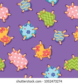 Seamless vector pattern with colorfull fixes on a violet fabric. Love sewing. Bright hobby background. Patches on clothes