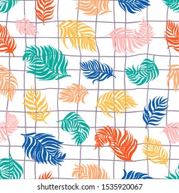 Seamless vector pattern with colorfull palm dypsis leaves on white background. Seamless colorfull summer palm dypsis leaves tropical fabric design. Dypsis lutescens colorfull vector seamless pattern.