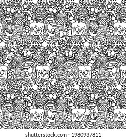 Patrón vectorial sin brillo para colorear antiestrés para adultos. Composición de Año Nuevo de ramas de árboles de Navidad, juguetes, copos de nieve y velas. ilustración de Navidad