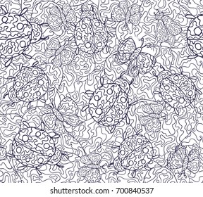 Seamless vector pattern for coloring book. Hand-drawn illustration. Background in Line art style. Flowers and insects