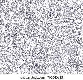 Seamless vector pattern for coloring book. Hand-drawn illustration. Background in Line art style. Flowers and insects