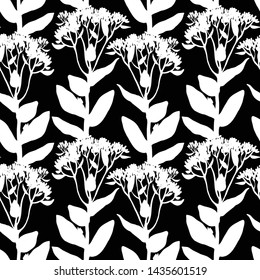 Seamless vector pattern of colors. Black and white graphics. White silhouettes of flowers on black background. For decor and design of fabric, paper, Wallpaper, packaging.
